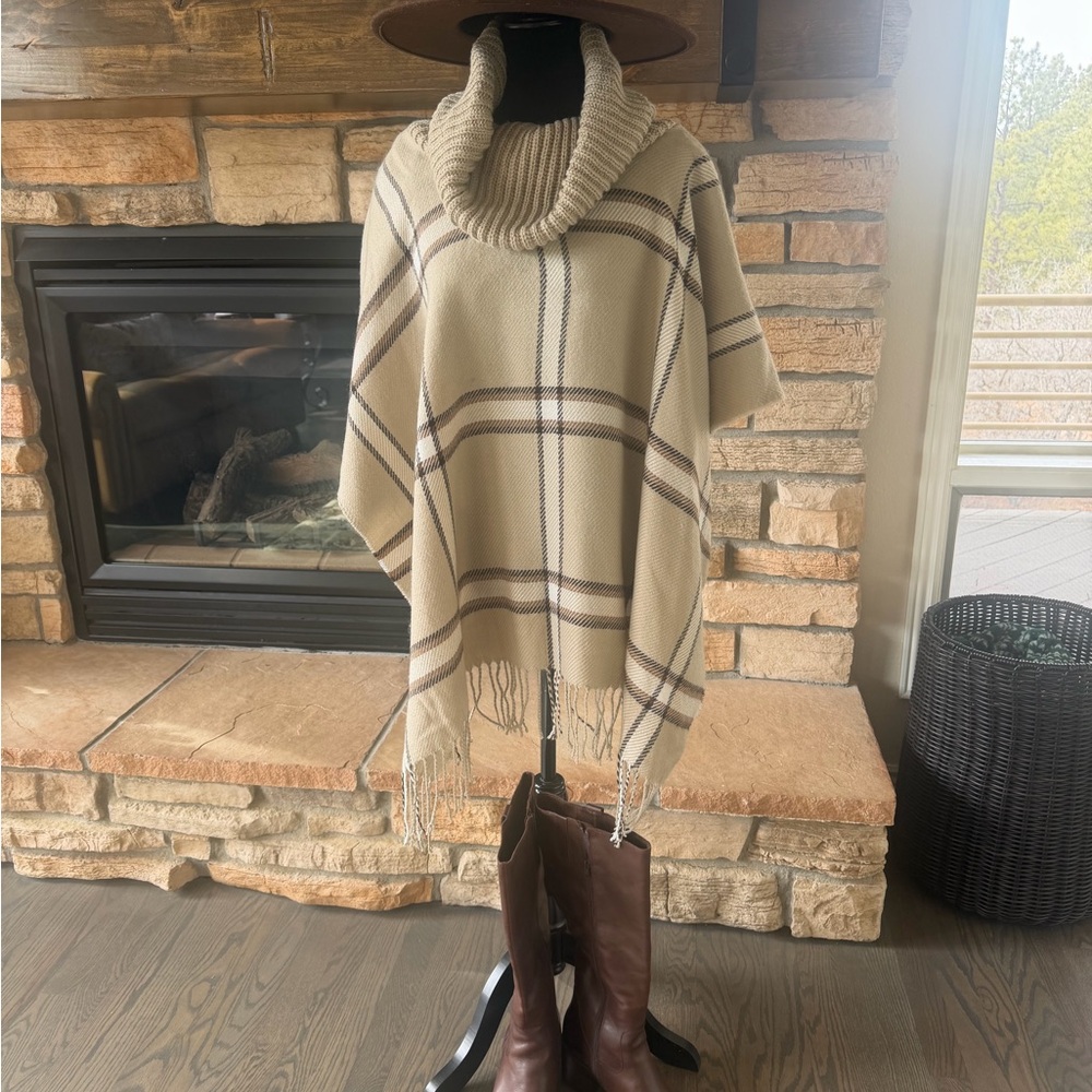 Plaid Knit Poncho with Cowl Neck